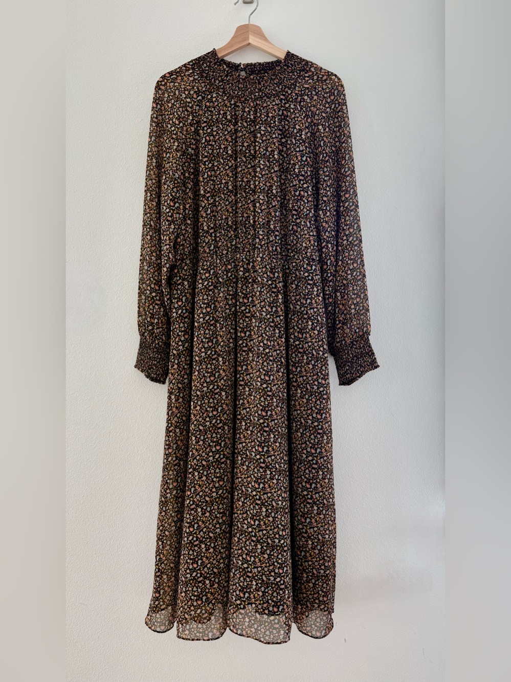 Madewell Black Floral Long Sleeve Midi Dress with Pink & Cream Accents